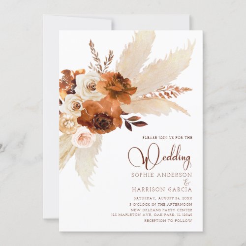 Burnt Orange Bohemian Pampas Grass Wedding Invitation