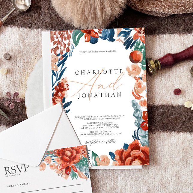 Burnt Orange Boho Bright Flowers Wedding Invitation (Creator Uploaded)