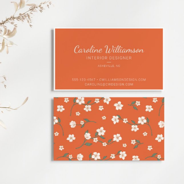  Burnt Orange Boho Floral Script Interior Designer Business Card (Creator Uploaded)