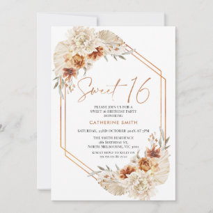 Burnt Orange Boho Floral Sweet 16 Birthday Invitation