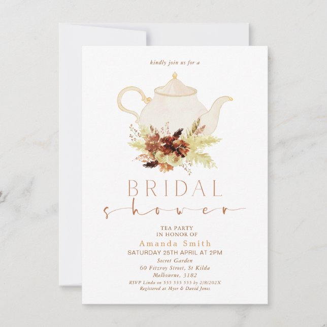 Burnt Orange Boho Floral Tea Party Bridal Shower Invitation (Front)