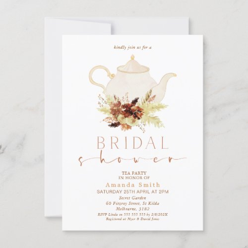 Burnt Orange Boho Floral Tea Party Bridal Shower Invitation