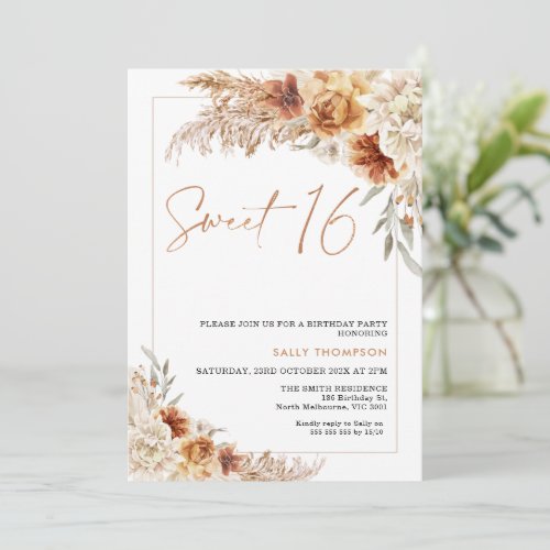 Burnt Orange Boho Pampas Grass 16th Birthday Invitation