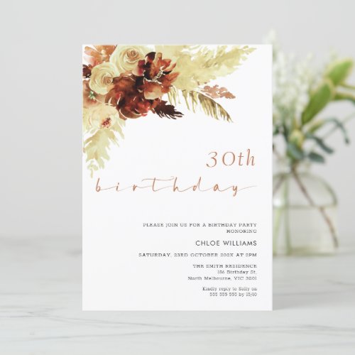 Burnt Orange Boho Pampas Grass  Birthday  Invitation