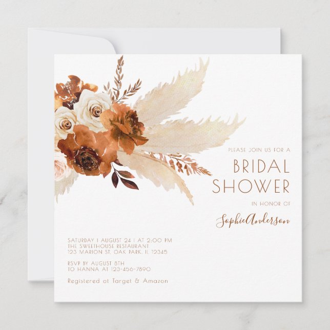 Burnt Orange Boho Pampas Grass Bridal Shower Invitation (Front)