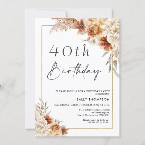 Burnt Orange Boho Pampas Grass Gold Frame Birthday Invitation