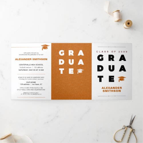 Burnt Orange Bold GRADUATE Letters  Cap Tri_Fold Announcement