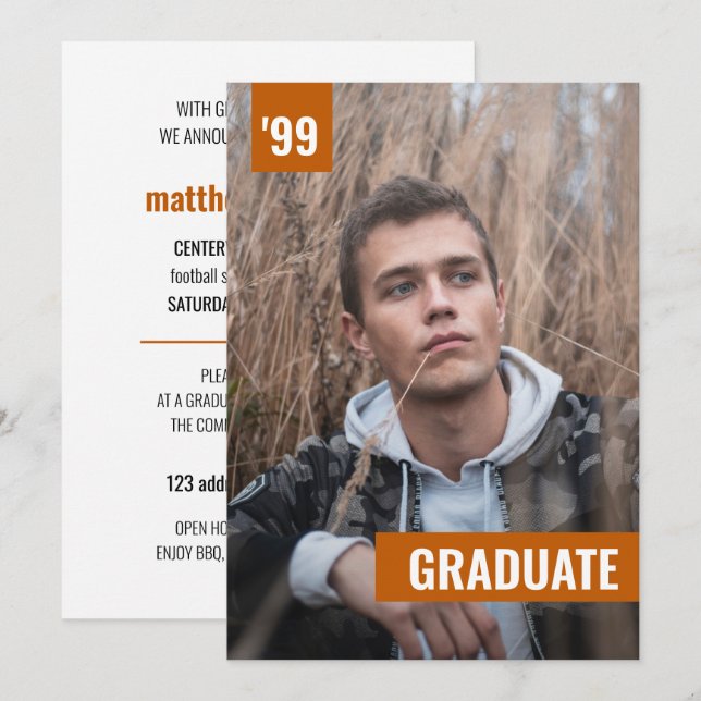 Burnt Orange Bold & Modern Photo Graduation Invitation (Front/Back)