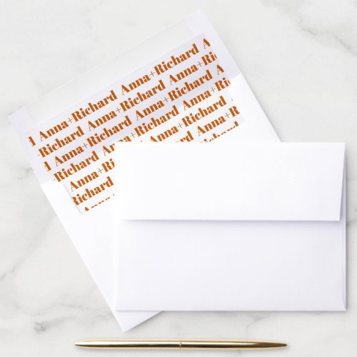 Burnt orange bold typography names wedding envelope liner