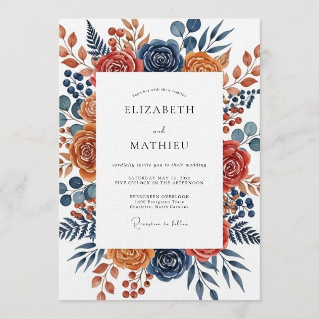 Burnt Orange Botanical Bloom Wedding Invitation (Front)