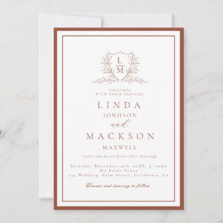 Burnt Orange botanical crest monogram wedding Invitation