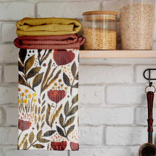 Burnt orange botanical floral illustration kitchen towel