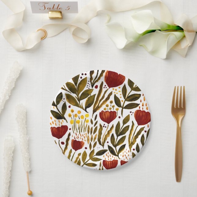 Burnt orange botanical floral illustration  paper plates (Wedding)