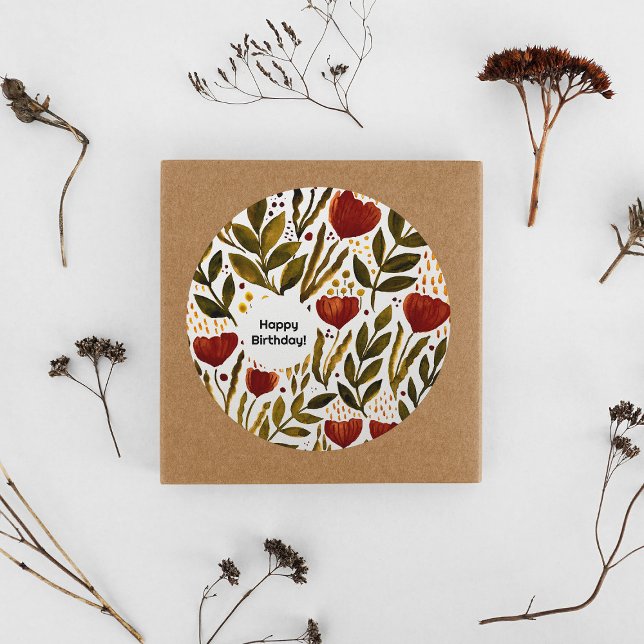 Burnt Orange Botanical Happy Birthday Classic Round Sticker (Creator Uploaded)