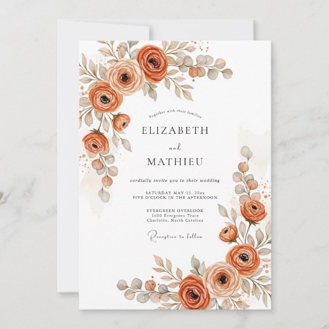 Burnt Orange Botanical Rustic Wedding Invitation (Front)