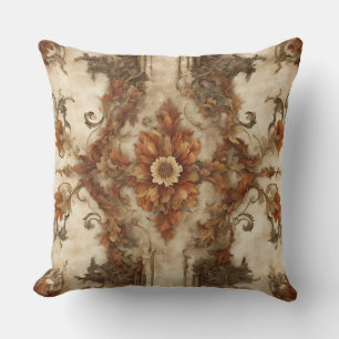 Burnt Orange Brown Cream Rust Baroque Floral Throw Pillow