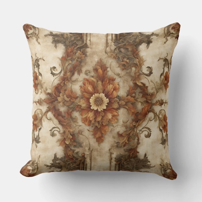 Burnt Orange Brown Cream Rust Baroque Floral Throw Pillow (Front)