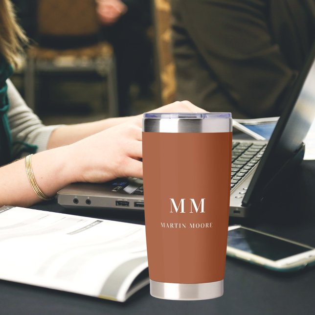 Burnt orange brown custom monogram initials name insulated tumbler (Creator Uploaded)