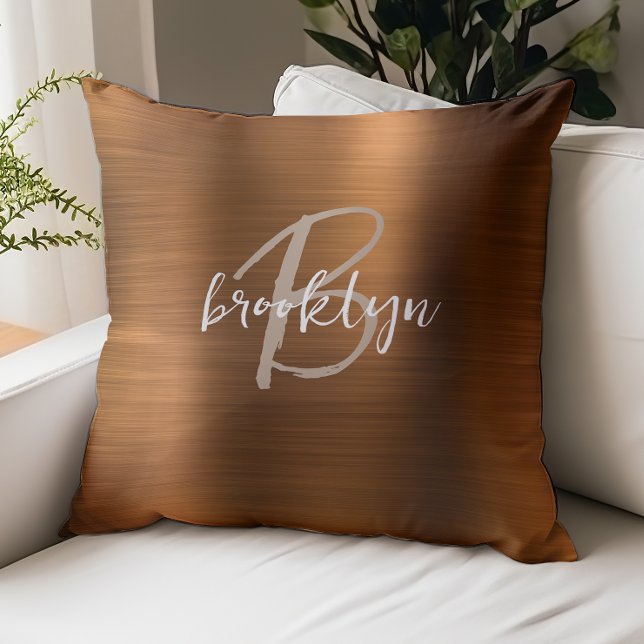 Burnt Orange Brushed Metal Beige White Monogram  Throw Pillow (Creator Uploaded)