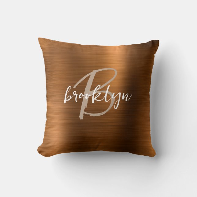 Burnt Orange Brushed Metal Beige White Monogram  Throw Pillow (Front)