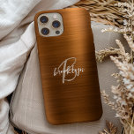 Burnt Orange Brushed Metal Script Monogram  iPhone 15 Case<br><div class="desc">This elegant personalized phone case features a monogram and first name in modern beige and white script on a trendy burnt orange brushed metal background.</div>