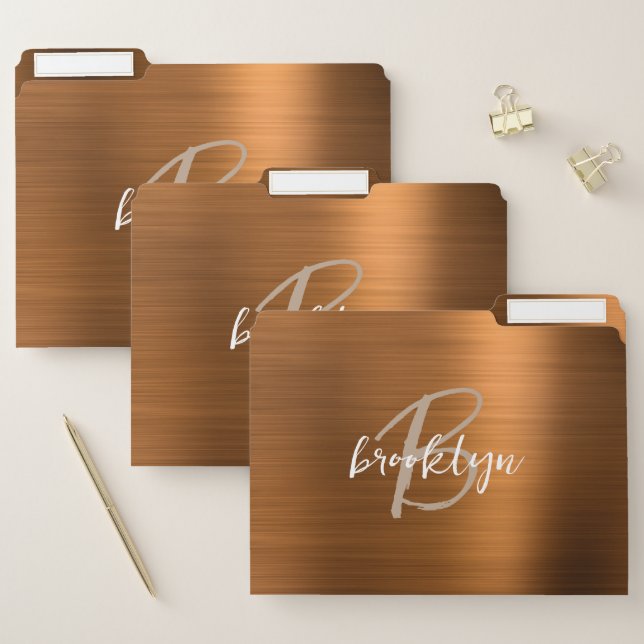 Burnt Orange Brushed Metal Script Monogram File Folder (Set)