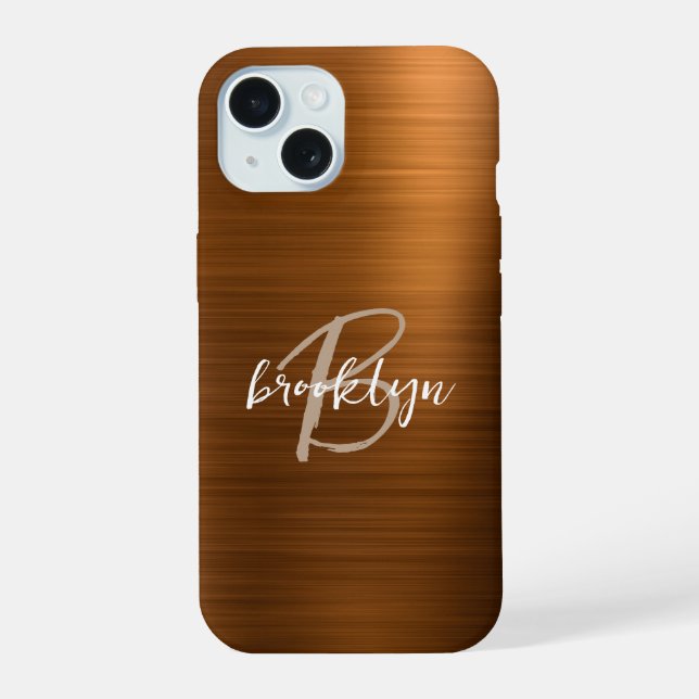 Burnt Orange Brushed Metal Script Monogram  Iphone Case (Back)