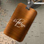 Burnt Orange Brushed Metal Script Monogram  Luggage Tag<br><div class="desc">This elegant personalized luggage tag feature a monogram and first name in modern beige and white script on a trendy burnt orange faux brushed metal background.</div>