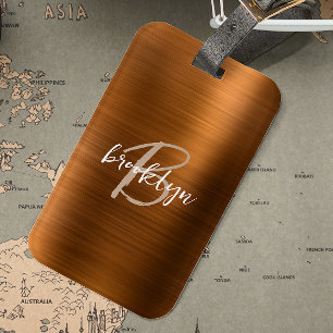 Burnt Orange Brushed Metal Script Monogram Luggage Tag
