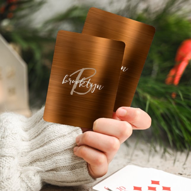 Burnt Orange Brushed Metal Script Monogram  Poker Cards (Creator Uploaded)