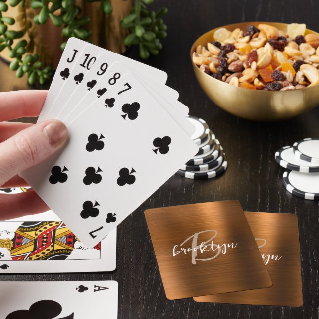 Burnt Orange Brushed Metal Script Monogram  Poker Cards (In Situ)