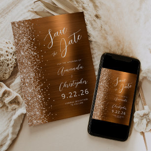 Burnt Orange Brushed Metal Script Save the Date Announcement