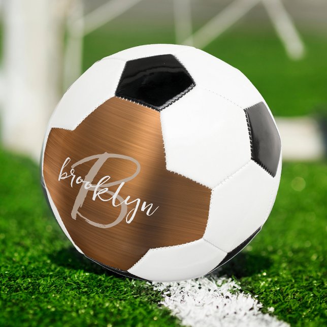 Burnt Orange Brushed Metal Tan Script Monogram  Soccer Ball (Creator Uploaded)