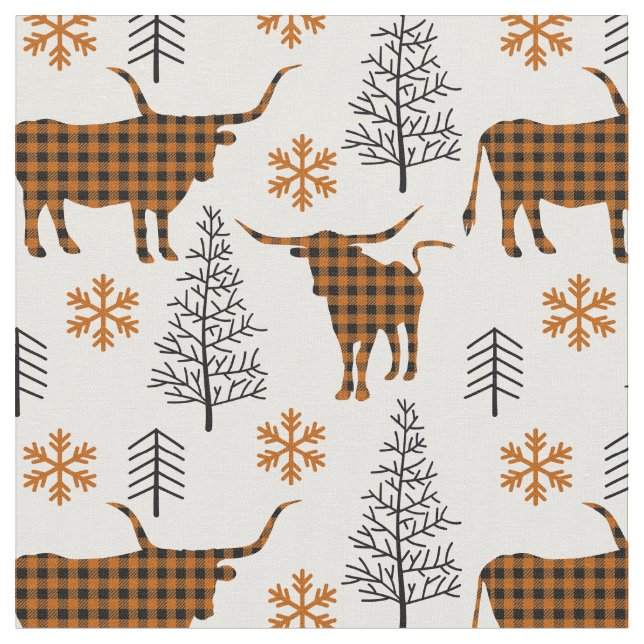Burnt Orange Buffalo Plaid Longhorn Pattern Fabric (Close Up)
