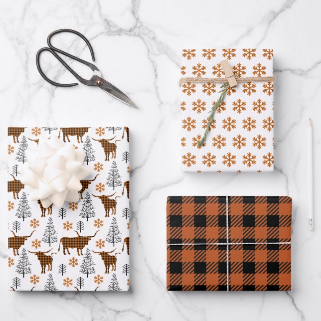 Burnt Orange Buffalo Plaid Longhorn Pattern Wrapping Paper Sheets (Front)