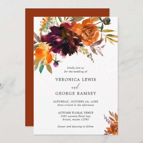 Burnt Orange Burgundy Fall Floral Elegant Wedding Invitation