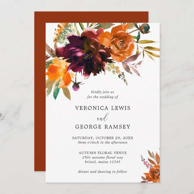 Burnt Orange Burgundy Fall Floral Elegant Wedding Invitation (Front/Back)
