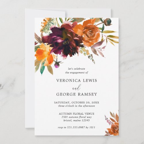 Burnt Orange Burgundy Fall Floral Engagement Party Invitation