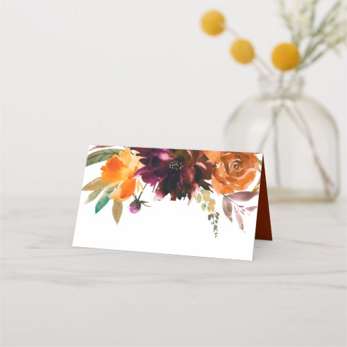 Burnt Orange Burgundy Fall Floral Rustic Wedding Place Card