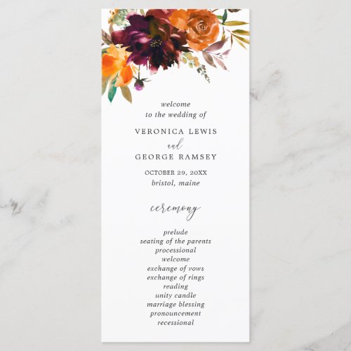 Burnt Orange Burgundy Fall Floral Rustic Wedding Program