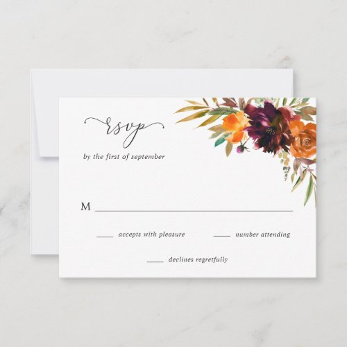 Burnt Orange Burgundy Fall Floral Rustic Wedding RSVP Card