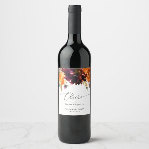 Burnt Orange Burgundy Fall Floral Rustic Wedding Wine Label