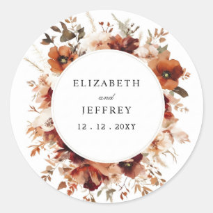 Burnt Orange Burgundy Fall Floral Wedding Classic Round Sticker