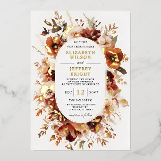 Burnt Orange Burgundy Fall Floral Wedding Foil Invitation