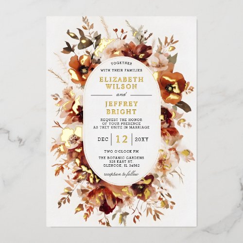 Burnt Orange Burgundy Fall Floral Wedding Foil Invitation