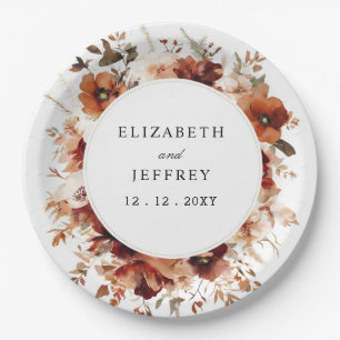 Burnt Orange Burgundy Fall Floral Wedding Paper Plates