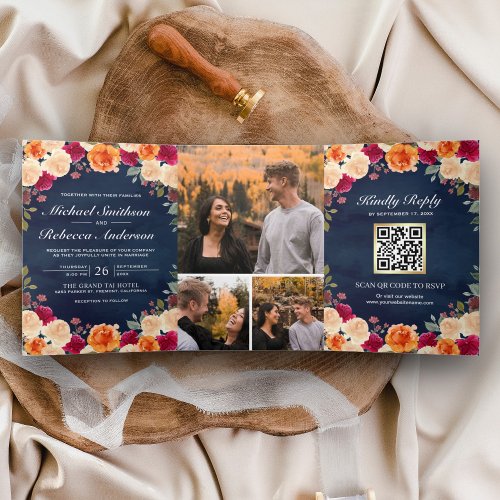 Burnt Orange Burgundy Floral Navy QR Code Wedding Tri_Fold Invitation