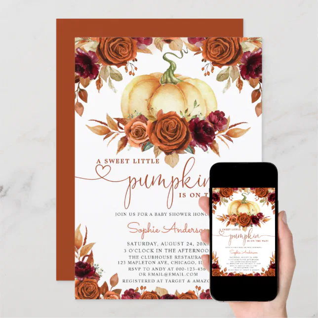 Burnt Orange Burgundy Floral Pumpkin Baby Shower Invitation | Zazzle