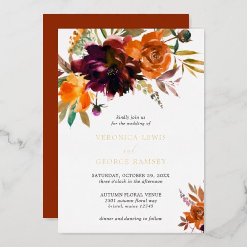 Burnt Orange Burgundy Floral Rustic Wedding Gold Foil Invitation