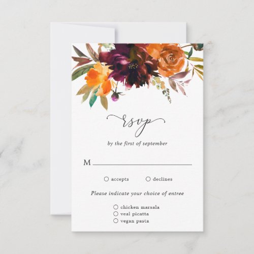 Burnt Orange Burgundy Floral Rustic Wedding RSVP Card